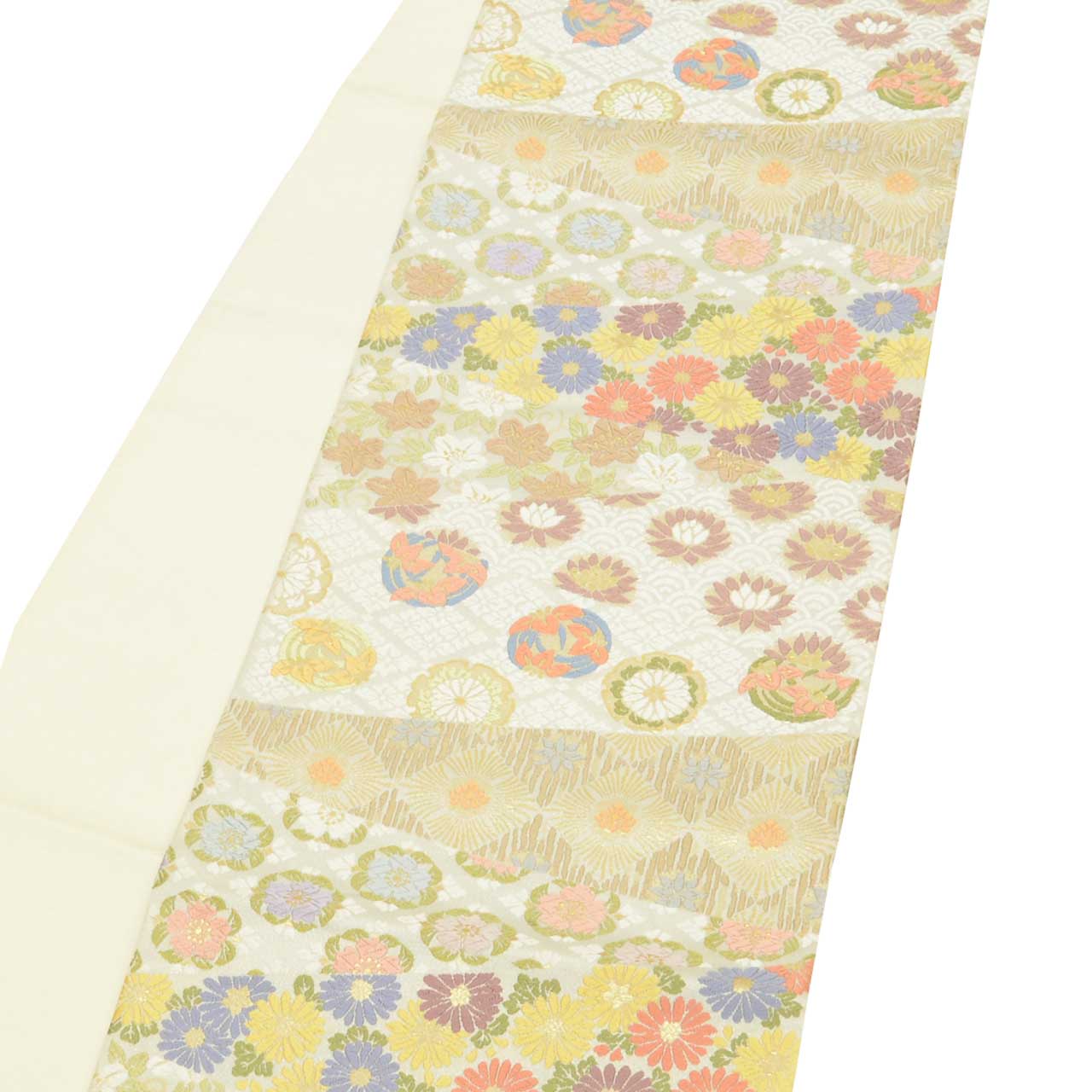 Vintage Japanese Obi | Fukuro Obi | Gray Silk | Diamond Floral | Kara-ori Embroidery Gold Thread | Sustainable | uu1400b