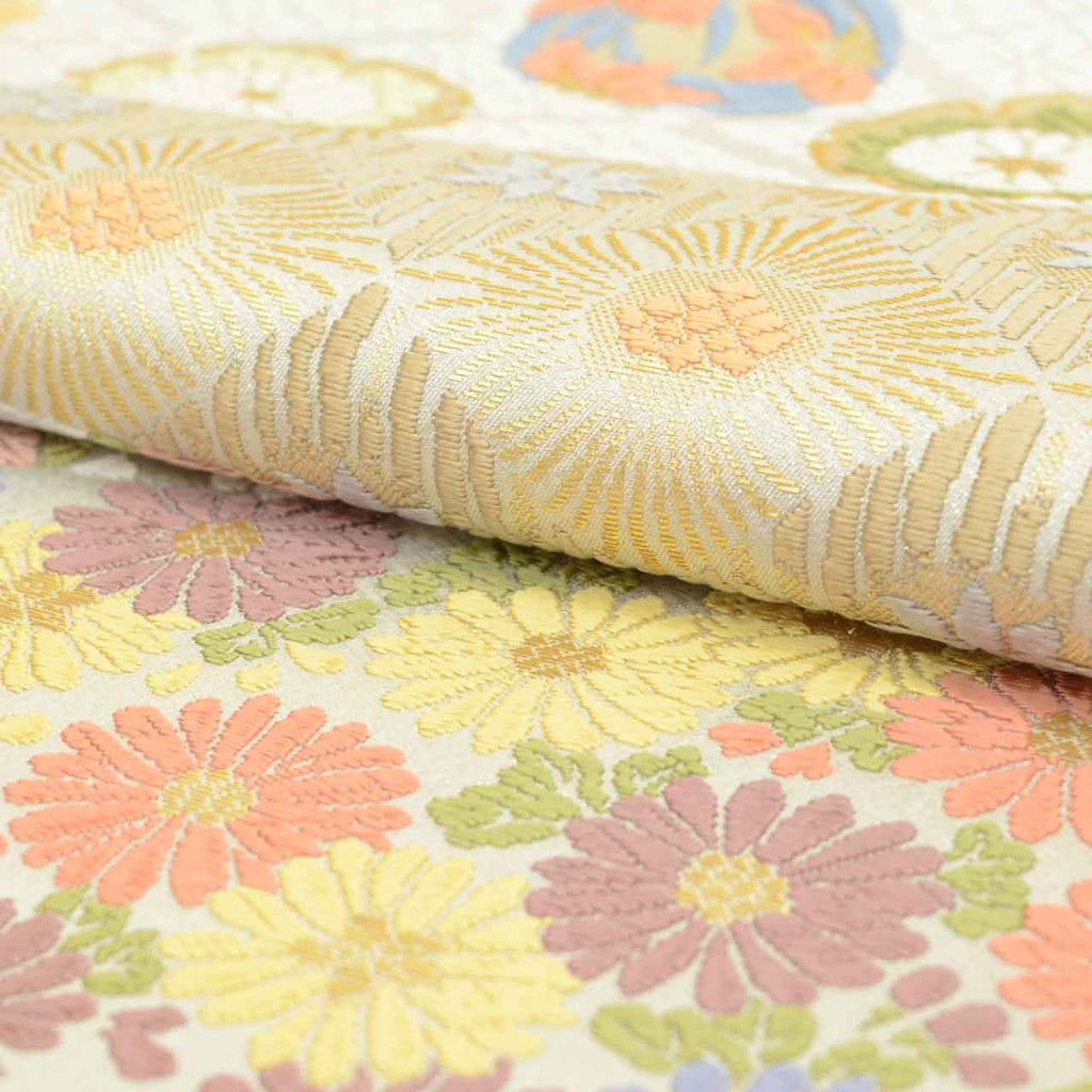 Vintage Japanese Obi | Fukuro Obi | Gray Silk | Diamond Floral | Kara-ori Embroidery Gold Thread | Sustainable | uu1400b