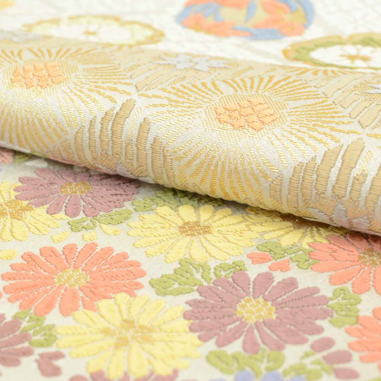 Vintage Japanese Obi | Fukuro Obi | Gray Silk | Diamond Floral | Kara-ori Embroidery Gold Thread | Sustainable | uu1400b