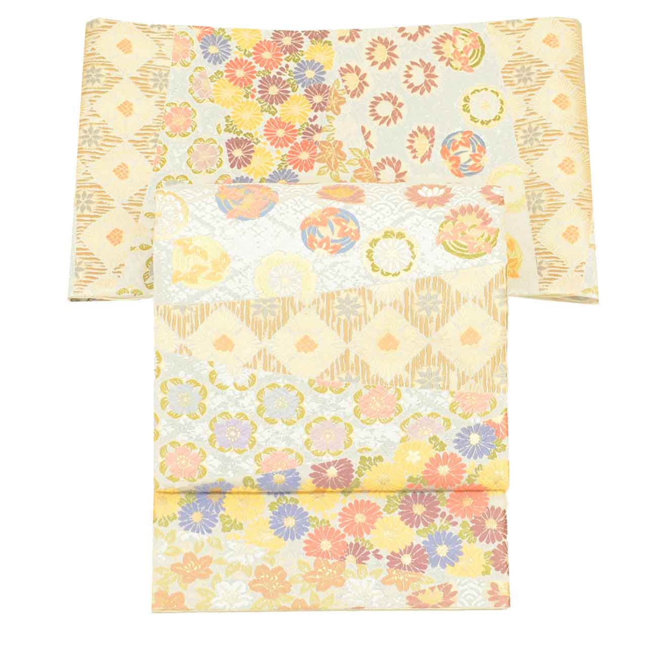 Vintage Japanese Obi | Fukuro Obi | Gray Silk | Diamond Floral | Kara-ori Embroidery Gold Thread | Sustainable | uu1400b