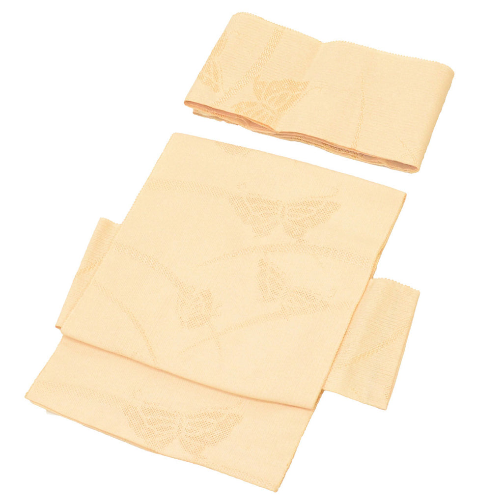 Vintage Japanese Obi | Tsukuri-obi Ready-tied Obi | Beige Cotton | Butterfly Shibagusa Pattern | Summer | Sustainable | uu1411b