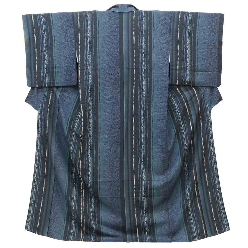[Used] Recycled Kimono, Komon style, Lined, Pure Silk, Ready-made, Sleeve length 67.0cm (26.4in), Body length 163.0cm (64.2in), Size L, Navy blue, Geometric pattern, uu1427b 