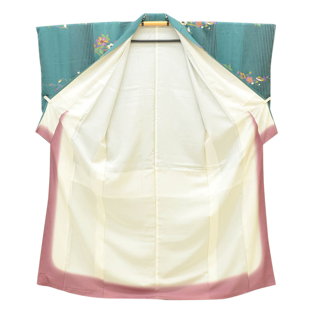 [Used] Recycled Kimono, Komon style, Lined, Pure Silk, Excellent Condition, Unused, Ready-made, Sleeve Length 65.0cm (25.6in), Body Length 160.0cm (63.0in), Size M, Blue, Floral Pattern, Crepe Fabric, uu1431b 