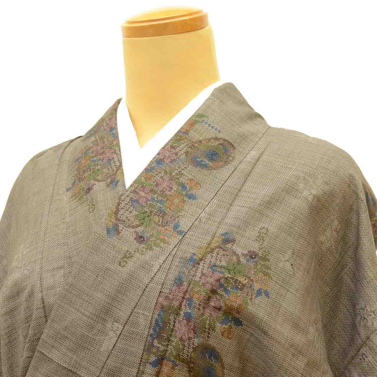 Vintage Japanese Kimono | Oshima Tsumugi | Brown Silk | Floral | Mud-dyed | 9-thread | Kata-su | Petite Size S | Sustainable | uu1440b