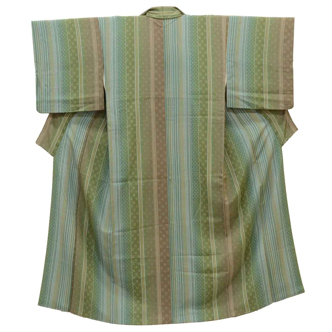 [Used] Recycled Komon Kimono, Pure Silk, SS Size (Small Size, Suitable for Shorter Heights), Good Condition, Length 147.0cm (57.9in), Sleeve Length 62.5cm (24.6in), Lined, Ready-made, Green Stripe Kasuri Pattern, uu1444b 