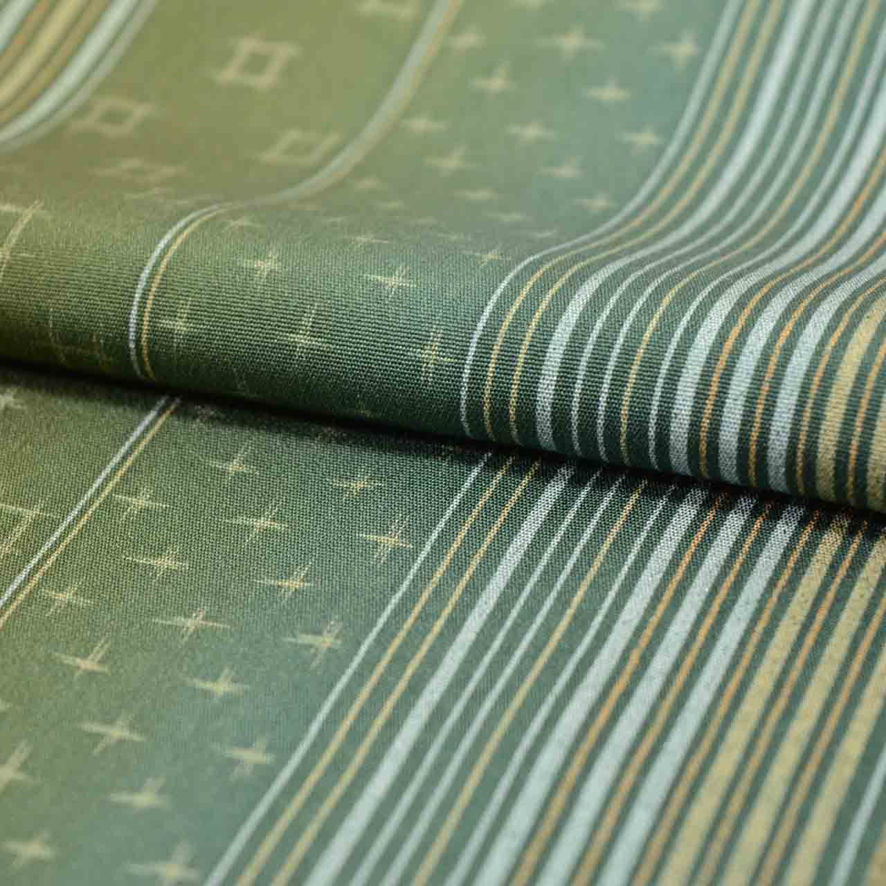 [Used] Recycled Komon Kimono, Pure Silk, SS Size (Small Size, Suitable for Shorter Heights), Good Condition, Length 147.0cm (57.9in), Sleeve Length 62.5cm (24.6in), Lined, Ready-made, Green Stripe Kasuri Pattern, uu1444b 
