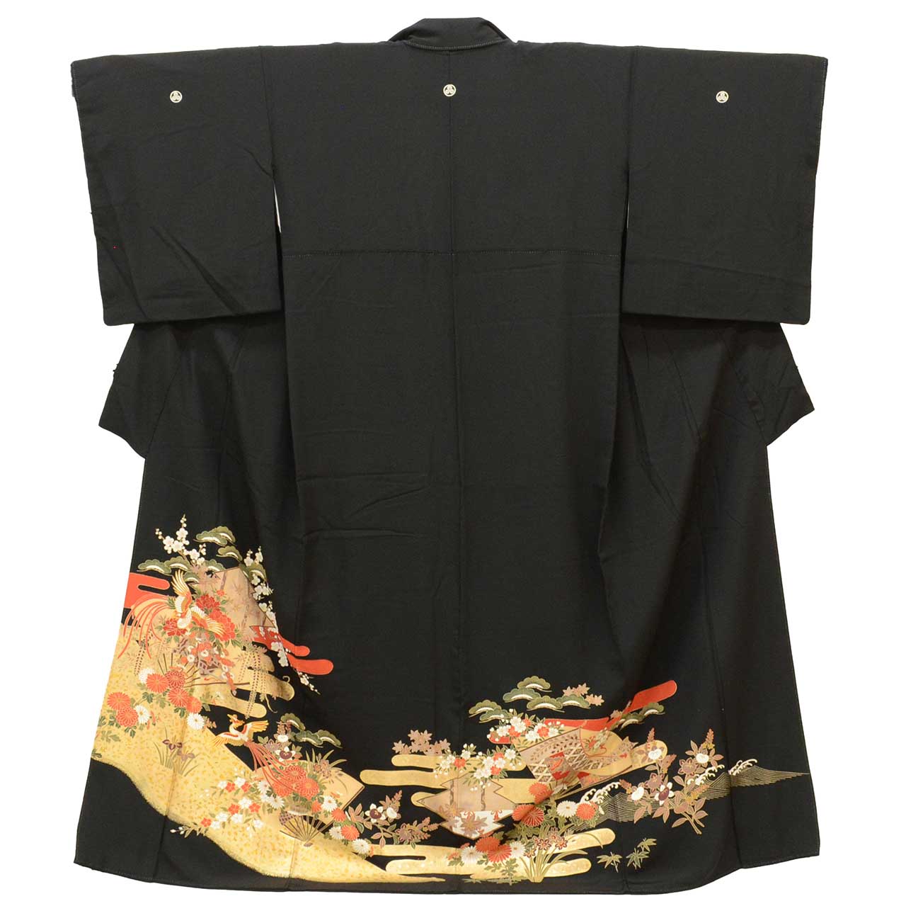 [Used] Recycled Kimono, Black Tomesode (formal kimono), Lined, Pure Silk, Ready-made, Sleeve Length 68.0cm (26.8in), Body Length 162.7cm (64.1in), Size L, Black, Phoenix Pattern, Double-layered, Five Family Crests, Gold Embroidery, uu1453b 