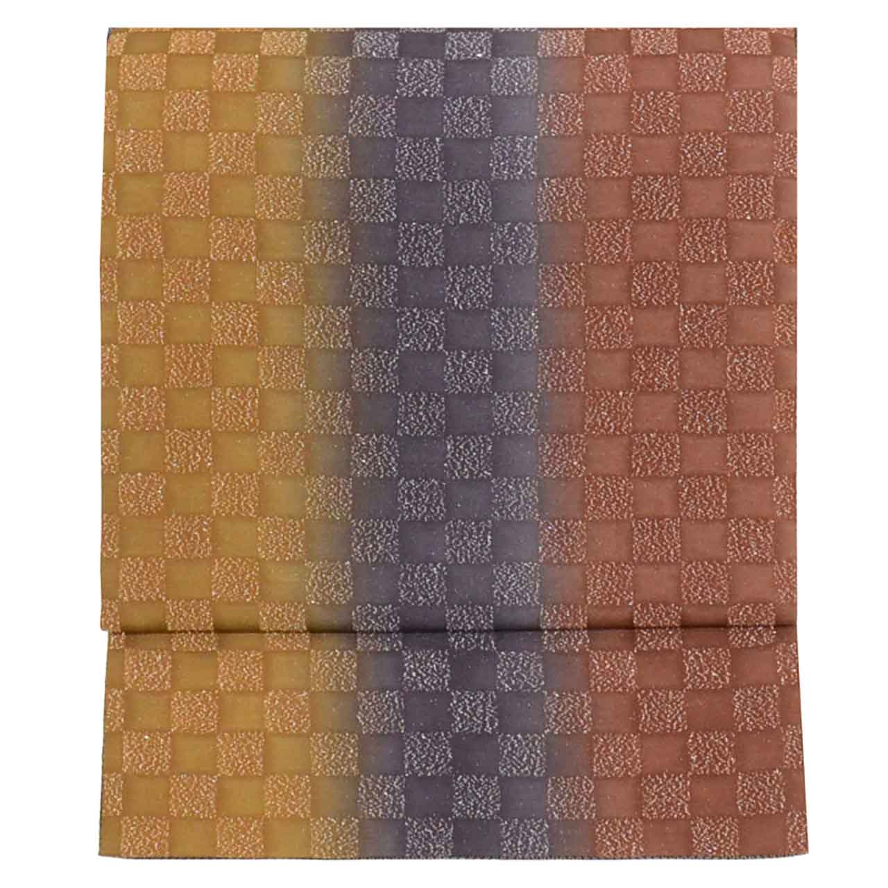 Vintage Japanese Obi | Sha-re Fukuro Obi | Brown Purple Silk | Ichimatsu Checkerboard | Silver Thread | Sustainable | uu1465b