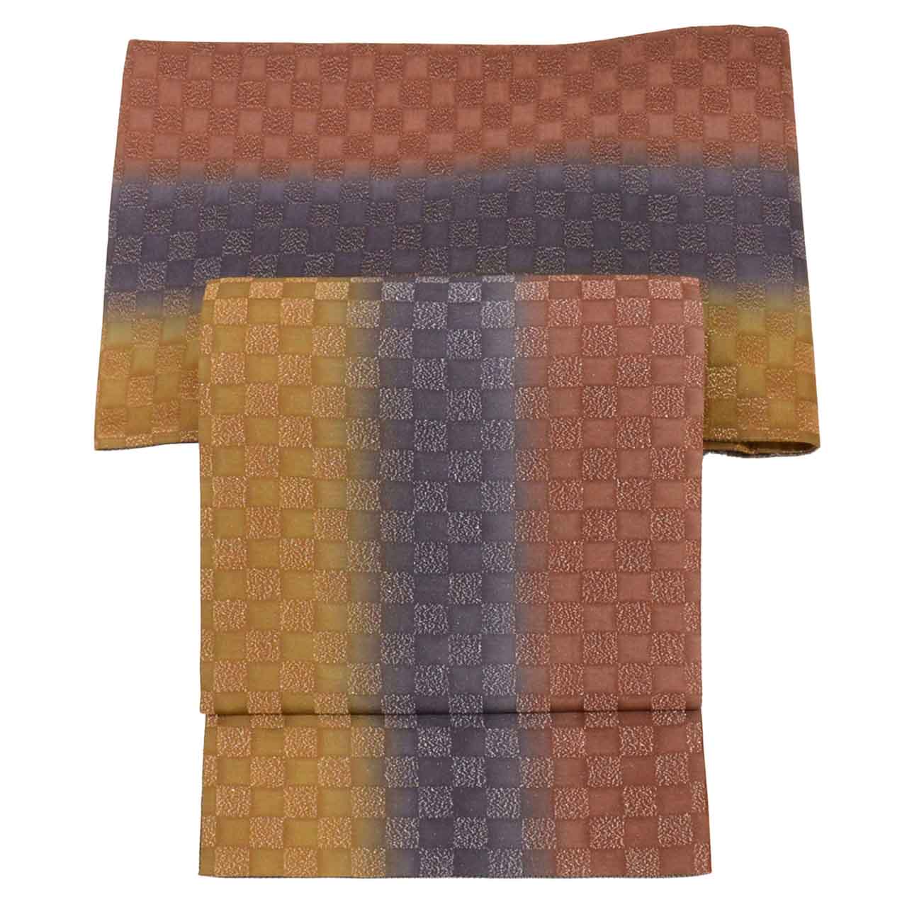 Vintage Japanese Obi | Sha-re Fukuro Obi | Brown Purple Silk | Ichimatsu Checkerboard | Silver Thread | Sustainable | uu1465b