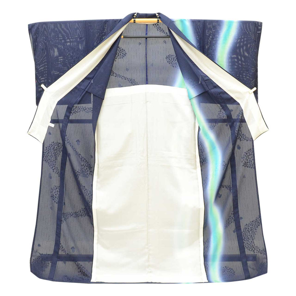 Vintage Japanese Kimono | Summer Tsukesage | Navy Silk Sha | Cherry Blossom Bokashi | Unused | Size L-L | Sustainable | uu1490b