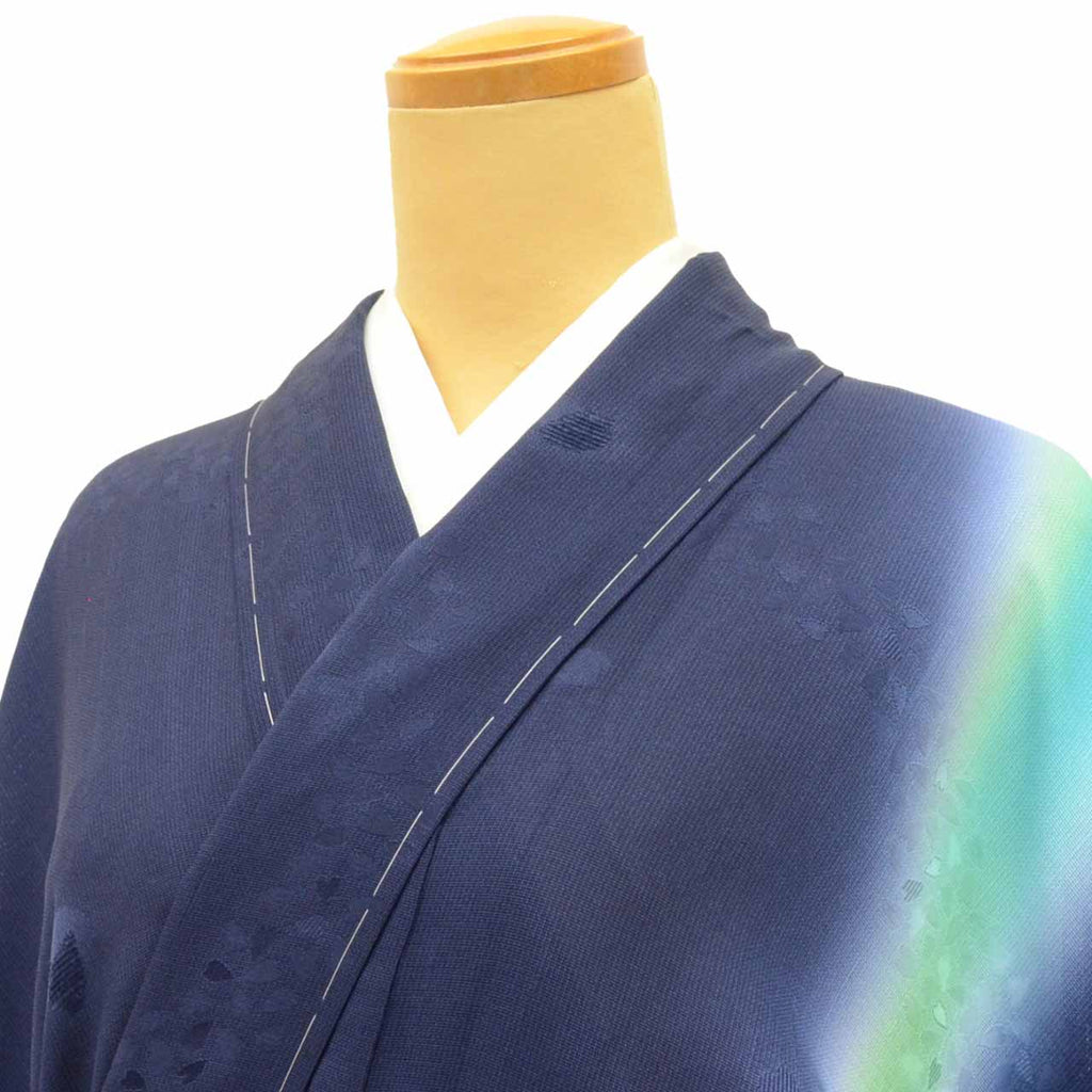 Vintage Japanese Kimono | Summer Tsukesage | Navy Silk Sha | Cherry Blossom Bokashi | Unused | Size L-L | Sustainable | uu1490b
