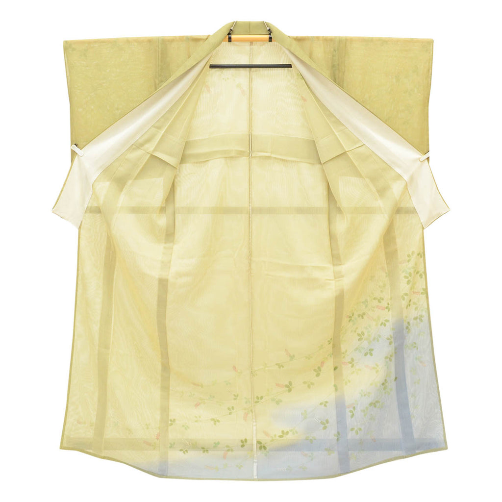 Vintage Japanese Kimono | Tsukesage | Green Silk Niju-sha | Hagi Bush Clover | Double Gauze | Size M | Sustainable | uu1491b