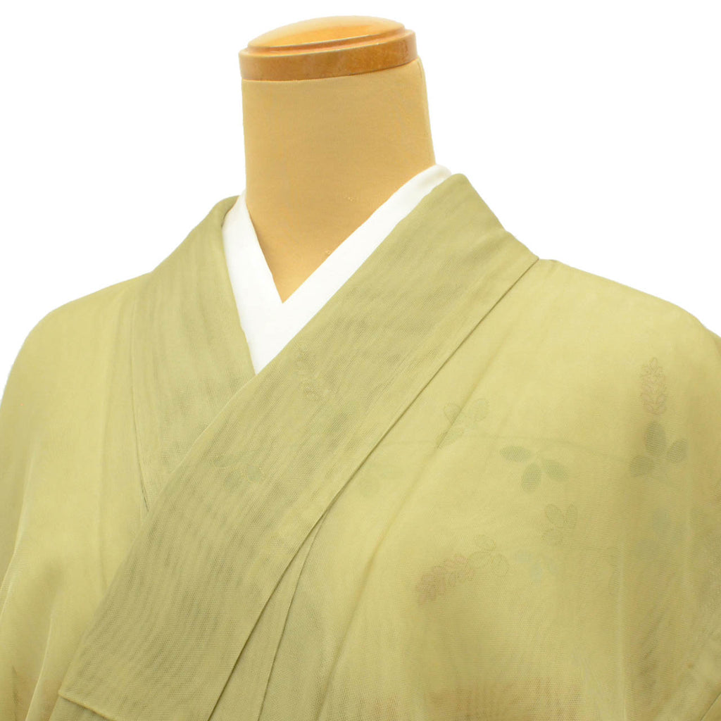 Vintage Japanese Kimono | Tsukesage | Green Silk Niju-sha | Hagi Bush Clover | Double Gauze | Size M | Sustainable | uu1491b