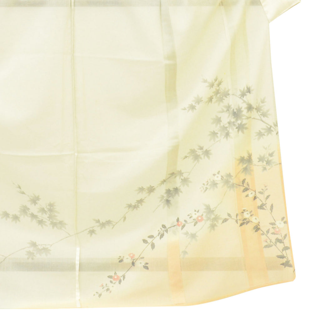 Vintage Japanese Kimono | Summer Yuki Tsumugi | Green Silk | Autumn Maple Chrysanthemum | Houmongi Pattern | Size L | Sustainable | uu1496b