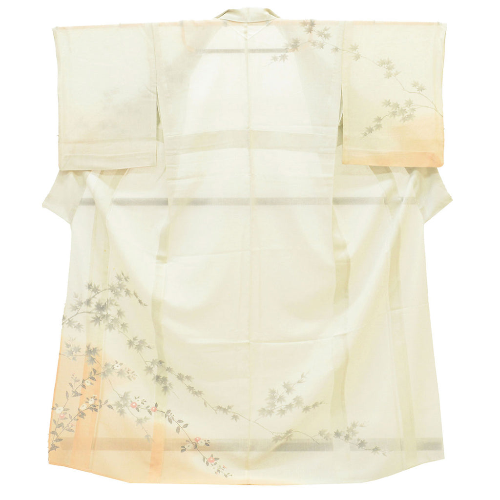 Vintage Japanese Kimono | Summer Yuki Tsumugi | Green Silk | Autumn Maple Chrysanthemum | Houmongi Pattern | Size L | Sustainable | uu1496b