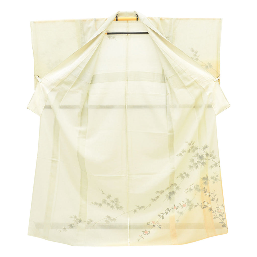 Vintage Japanese Kimono | Summer Yuki Tsumugi | Green Silk | Autumn Maple Chrysanthemum | Houmongi Pattern | Size L | Sustainable | uu1496b
