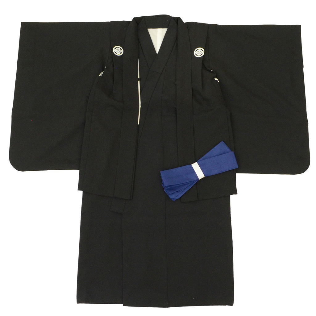 [Used] Recycled Kimono for Boys, Age 5, Shichi-Go-San (7-5-3 Festival), Black Crested Kimono and Haori Jacket Set, Synthetic Fiber, Ready-made, Sleeve Length 43cm, Body Length 88cm, Black, Plain, Crested, Traditional Japanese Clothing uu1506b 