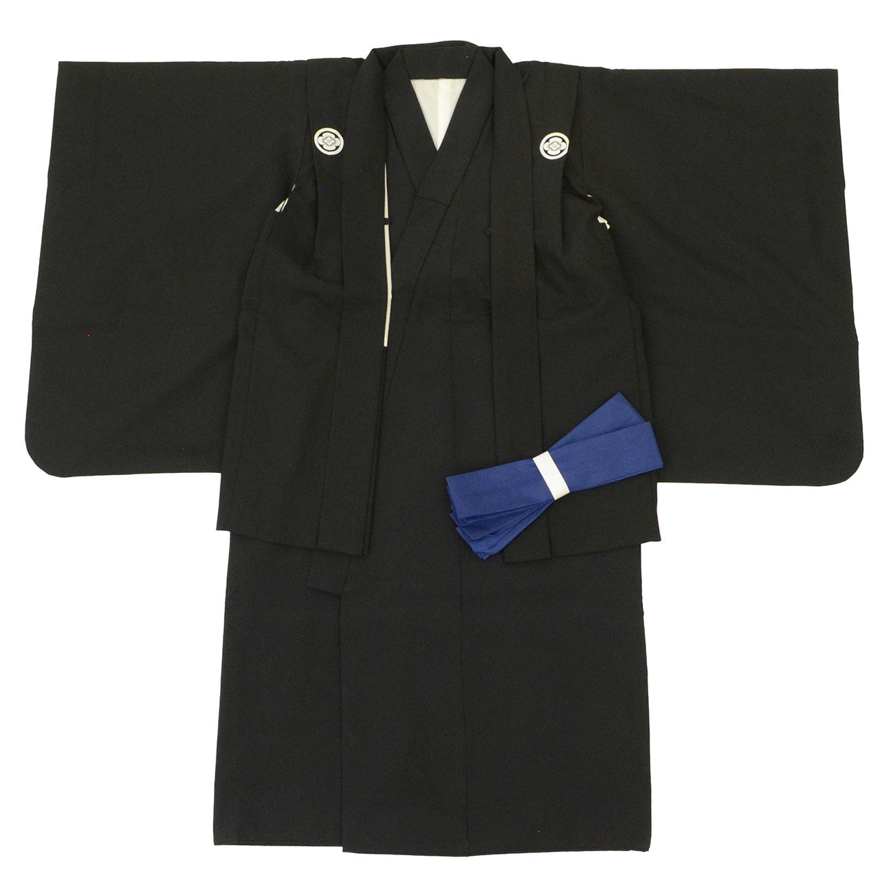 [Used] Recycled Kimono for Boys, Age 5, Shichi-Go-San (7-5-3 Festival), Black Crested Kimono and Haori Jacket Set, Synthetic Fiber, Ready-made, Sleeve Length 43cm, Body Length 88cm, Black, Plain, Crested, Traditional Japanese Clothing uu1506b 