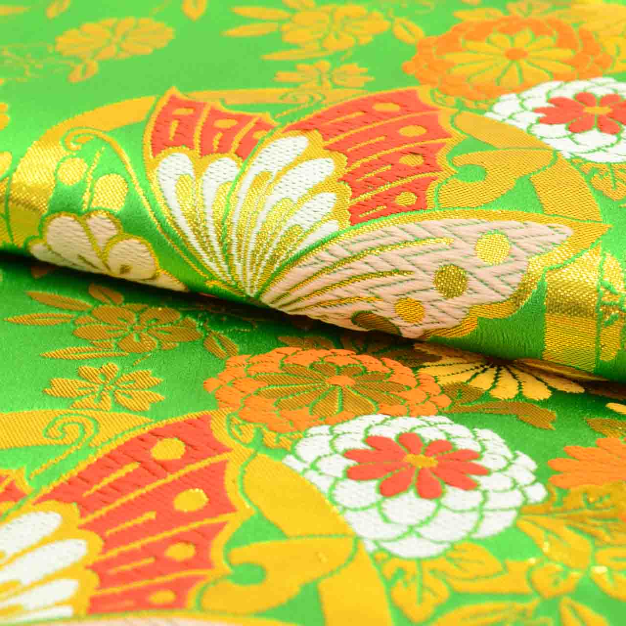 Vintage Japanese Obi | Girl's Shichi-go-san Obi | Green Synthetic | Butterfly Pattern | Gold Thread | Age 7 | Sustainable | uu1519b
