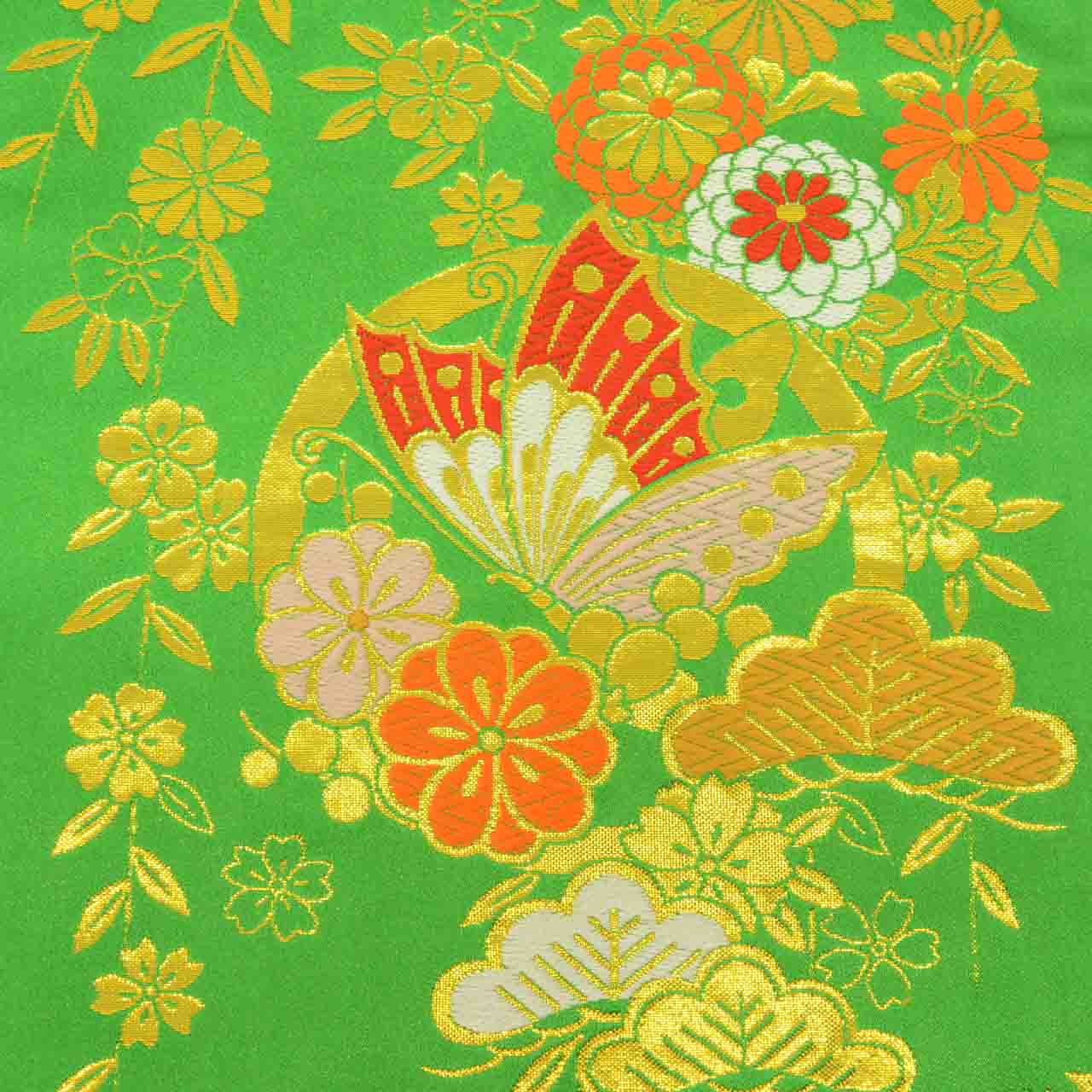 Vintage Japanese Obi | Girl's Shichi-go-san Obi | Green Synthetic | Butterfly Pattern | Gold Thread | Age 7 | Sustainable | uu1519b
