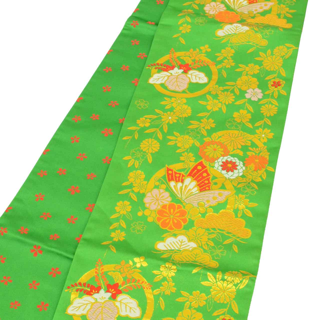 Vintage Japanese Obi | Girl's Shichi-go-san Obi | Green Synthetic | Butterfly Pattern | Gold Thread | Age 7 | Sustainable | uu1519b