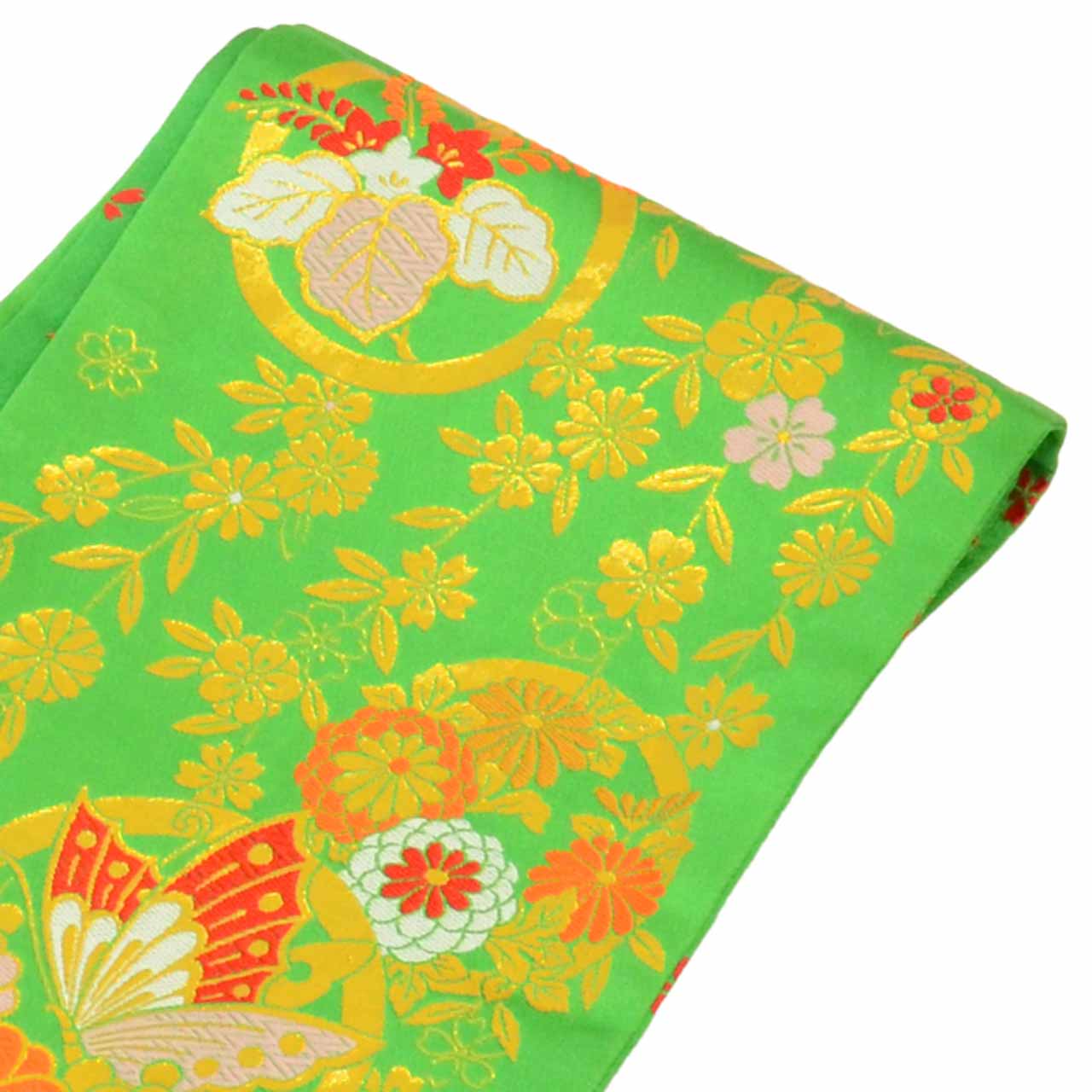Vintage Japanese Obi | Girl's Shichi-go-san Obi | Green Synthetic | Butterfly Pattern | Gold Thread | Age 7 | Sustainable | uu1519b
