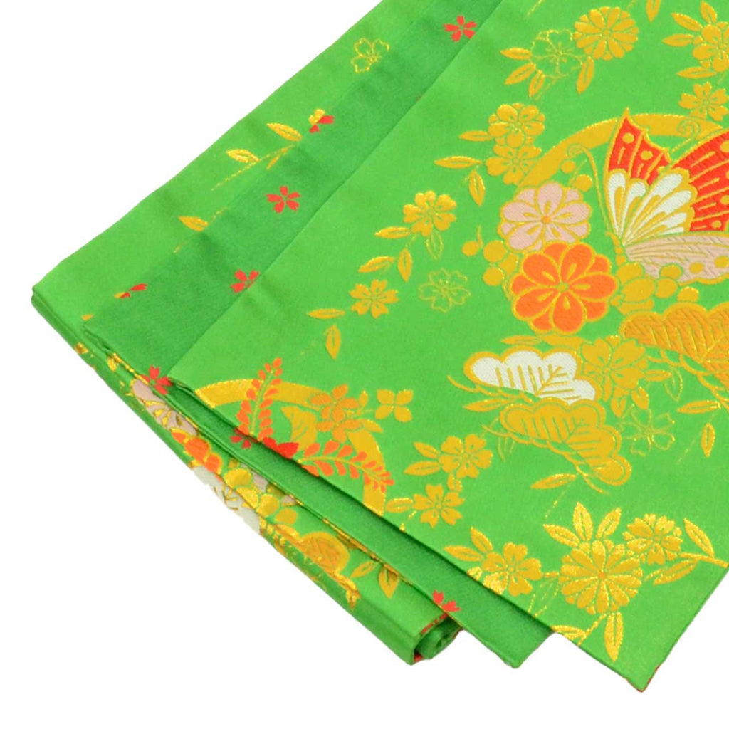 Vintage Japanese Obi | Girl's Shichi-go-san Obi | Green Synthetic | Butterfly Pattern | Gold Thread | Age 7 | Sustainable | uu1519b