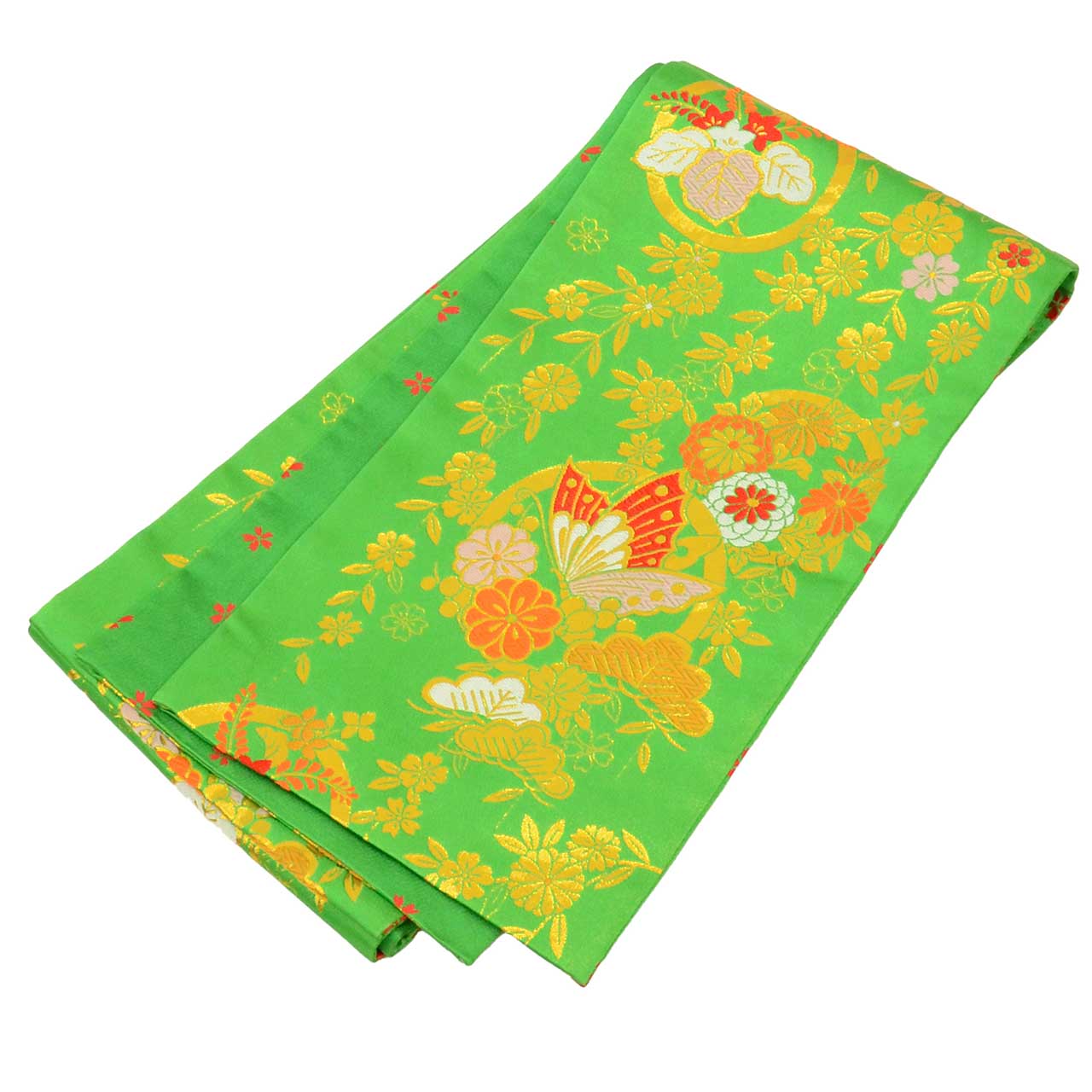 Vintage Japanese Obi | Girl's Shichi-go-san Obi | Green Synthetic | Butterfly Pattern | Gold Thread | Age 7 | Sustainable | uu1520b