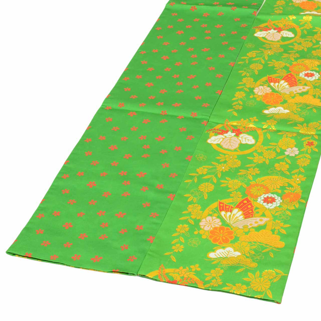 Vintage Japanese Obi | Girl's Shichi-go-san Obi | Green Synthetic | Butterfly Pattern | Gold Thread | Age 7 | Sustainable | uu1520b