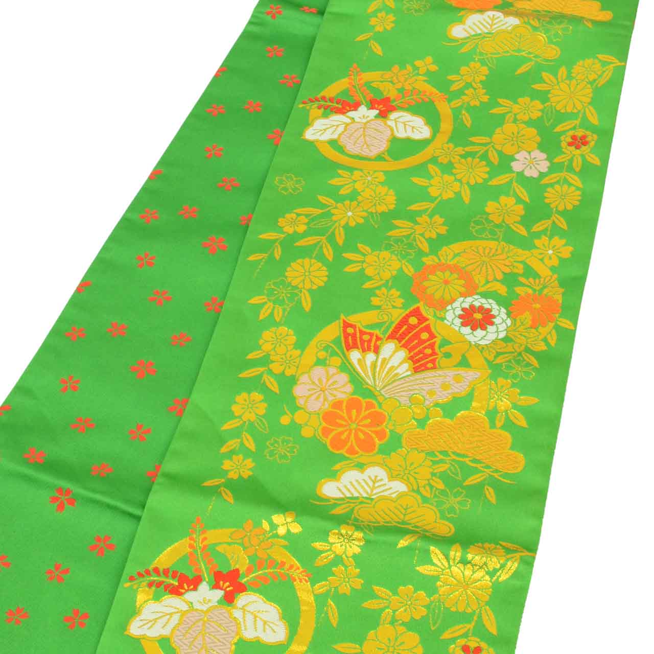 Vintage Japanese Obi | Girl's Shichi-go-san Obi | Green Synthetic | Butterfly Pattern | Gold Thread | Age 7 | Sustainable | uu1520b