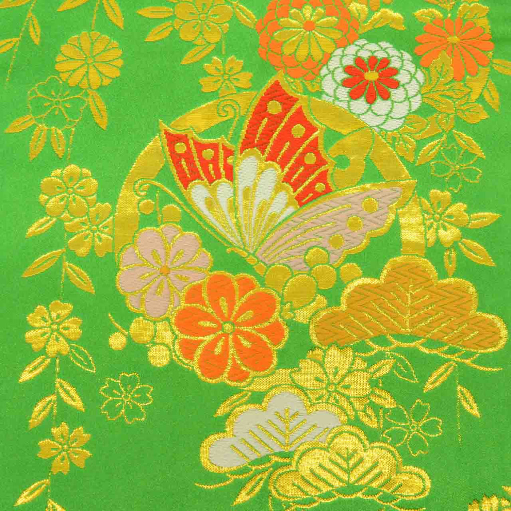 Vintage Japanese Obi | Girl's Shichi-go-san Obi | Green Synthetic | Butterfly Pattern | Gold Thread | Age 7 | Sustainable | uu1520b