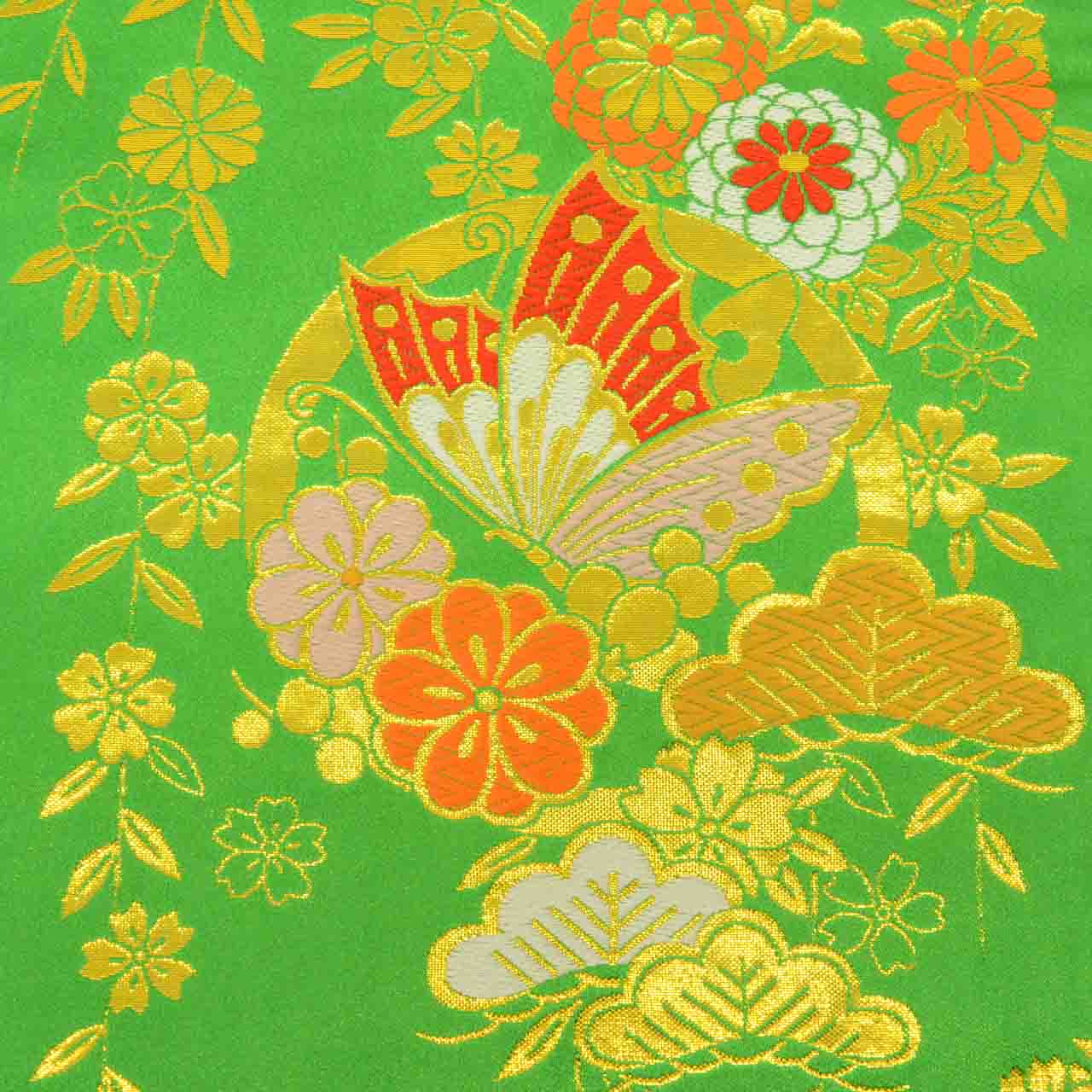 Vintage Japanese Obi | Girl's Shichi-go-san Obi | Green Synthetic | Butterfly Pattern | Gold Thread | Age 7 | Sustainable | uu1520b