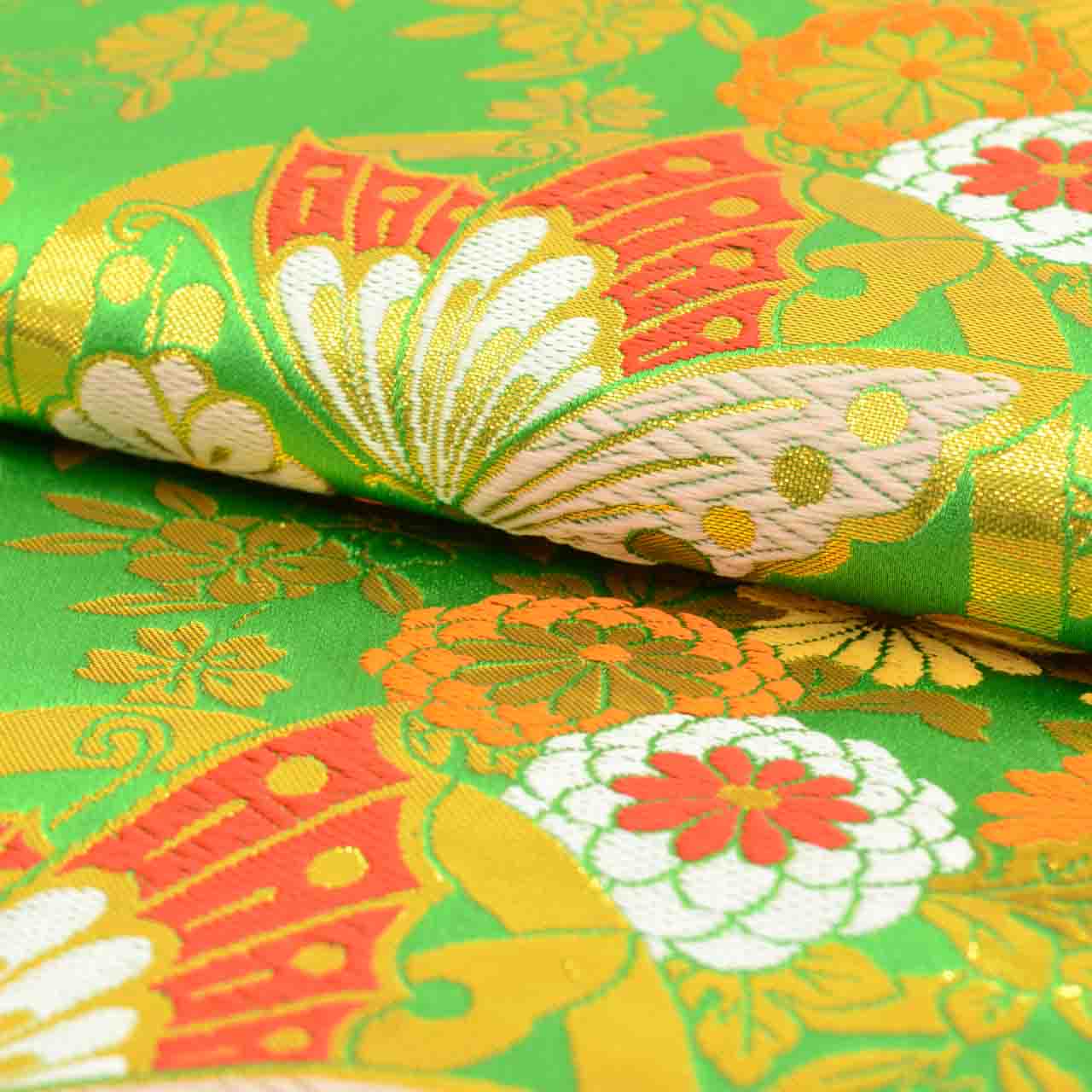 Vintage Japanese Obi | Girl's Shichi-go-san Obi | Green Synthetic | Butterfly Pattern | Gold Thread | Age 7 | Sustainable | uu1520b
