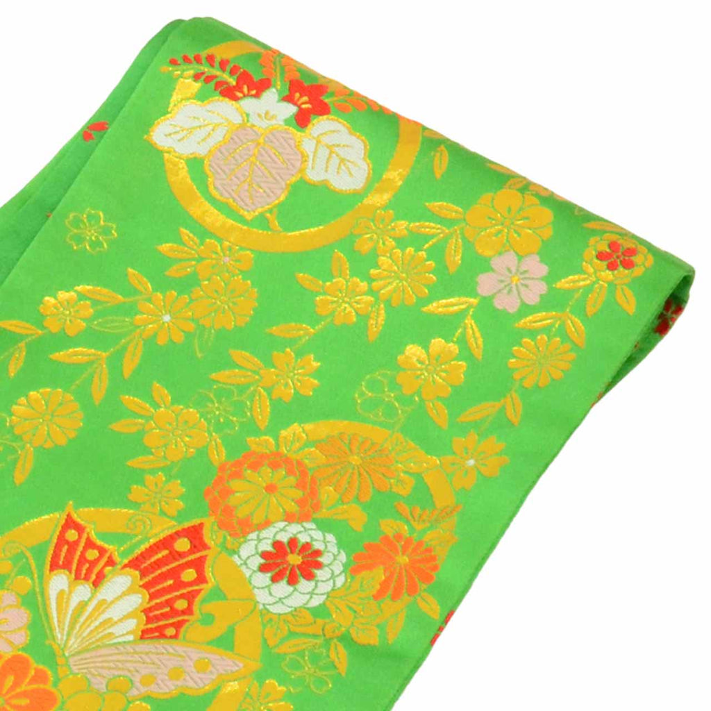 Vintage Japanese Obi | Girl's Shichi-go-san Obi | Green Synthetic | Butterfly Pattern | Gold Thread | Age 7 | Sustainable | uu1520b