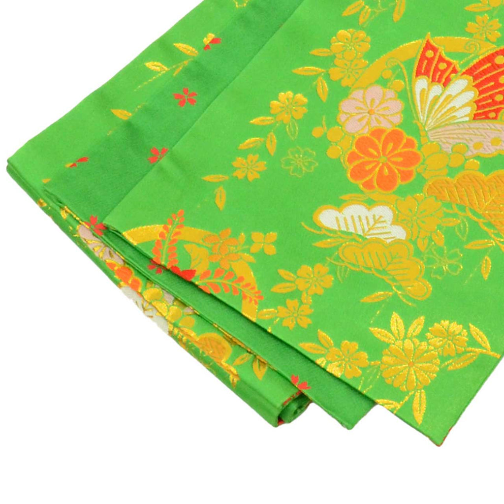 Vintage Japanese Obi | Girl's Shichi-go-san Obi | Green Synthetic | Butterfly Pattern | Gold Thread | Age 7 | Sustainable | uu1520b