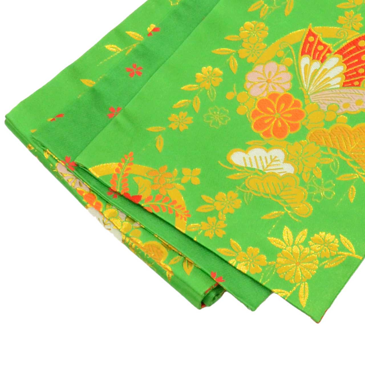 Vintage Japanese Obi | Girl's Shichi-go-san Obi | Green Synthetic | Butterfly Pattern | Gold Thread | Age 7 | Sustainable | uu1520b