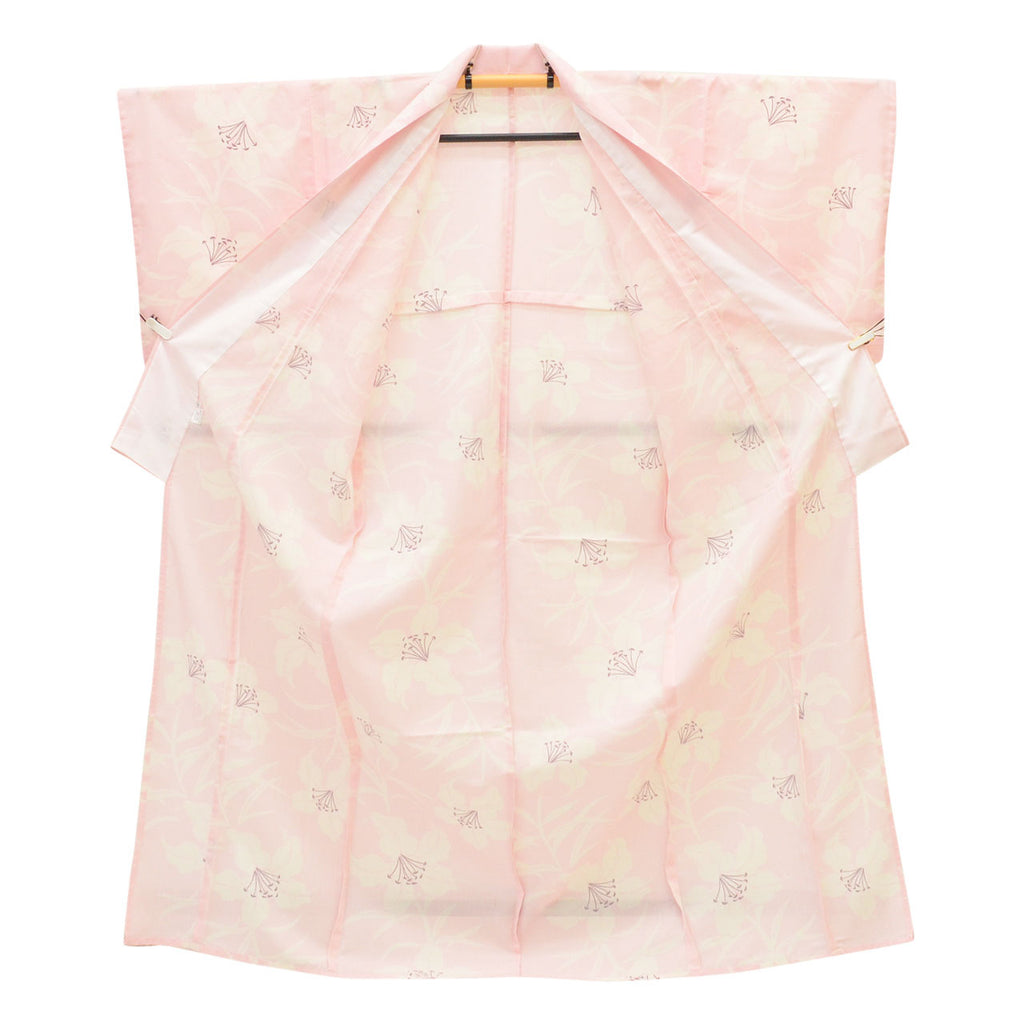 Vintage Japanese Kimono | Summer Komon | Pink Synthetic | Lily Pattern | Washable | Size L | Sustainable | uu1533b