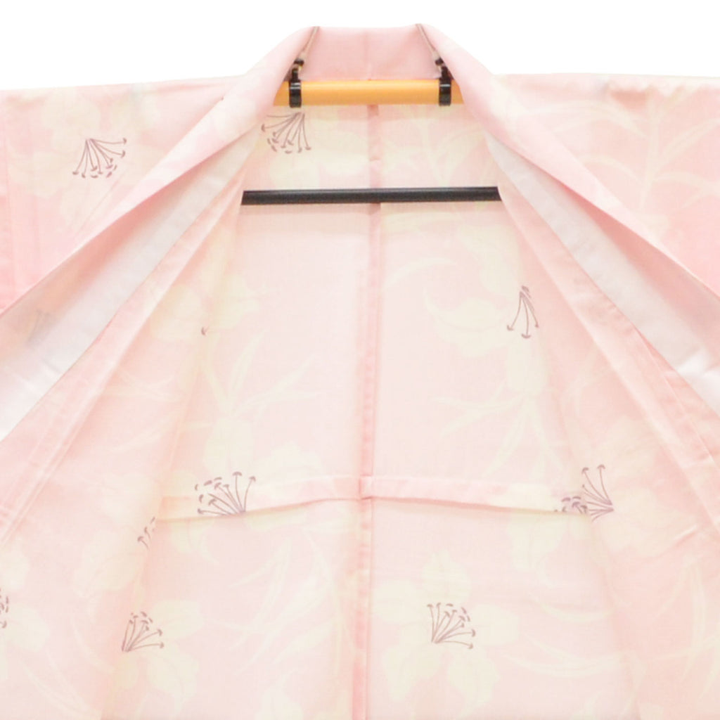 Vintage Japanese Kimono | Summer Komon | Pink Synthetic | Lily Pattern | Washable | Size L | Sustainable | uu1533b