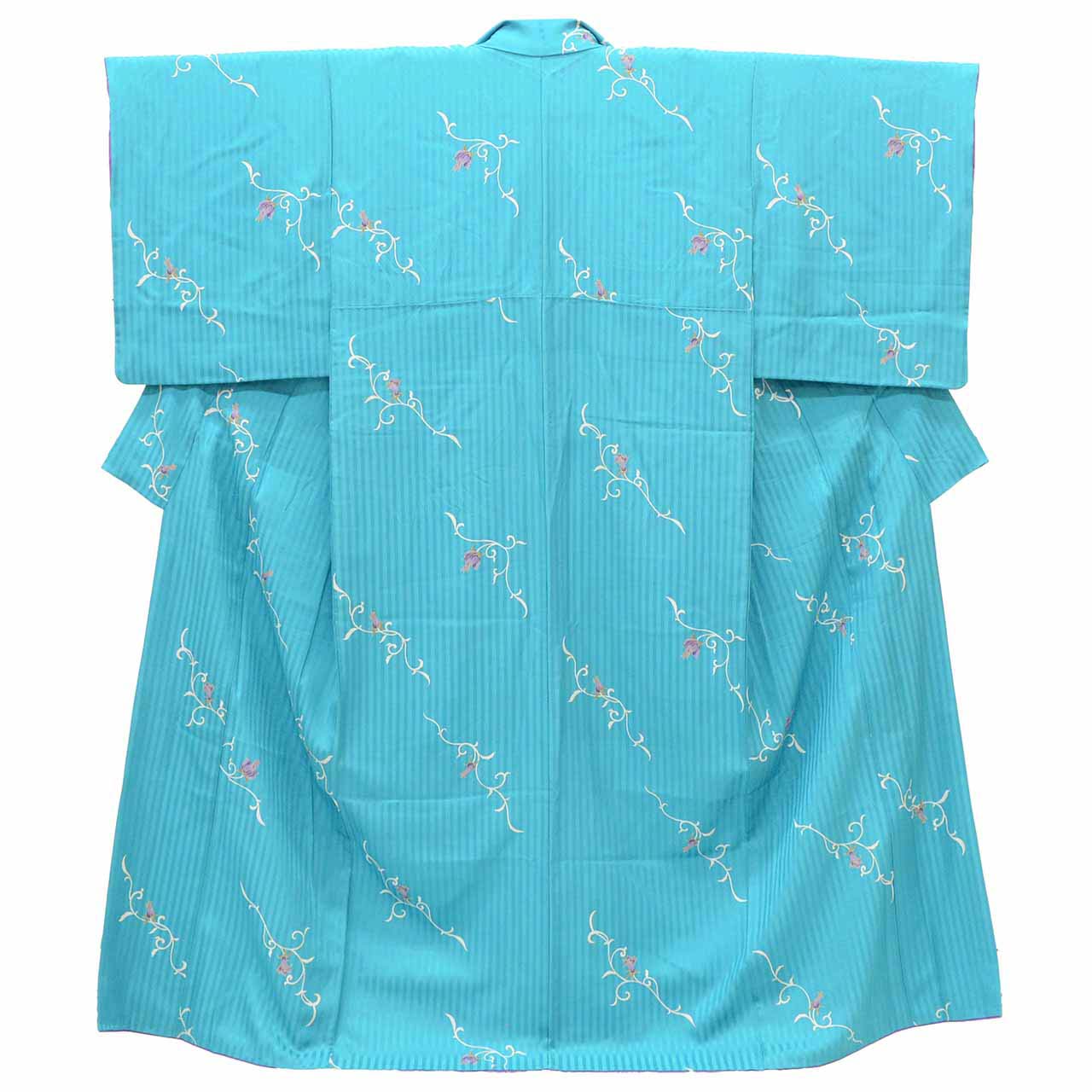 [Used] Recycled Kimono, Komon style, Pure Silk, Size M (Plus Size LL), Excellent Condition, Length 158.5cm (62.4in), Sleeve Length 64.7cm (25.5in), Lined, Ready-made, Gold embroidery, Blue floral arabesque pattern, uu1537b 