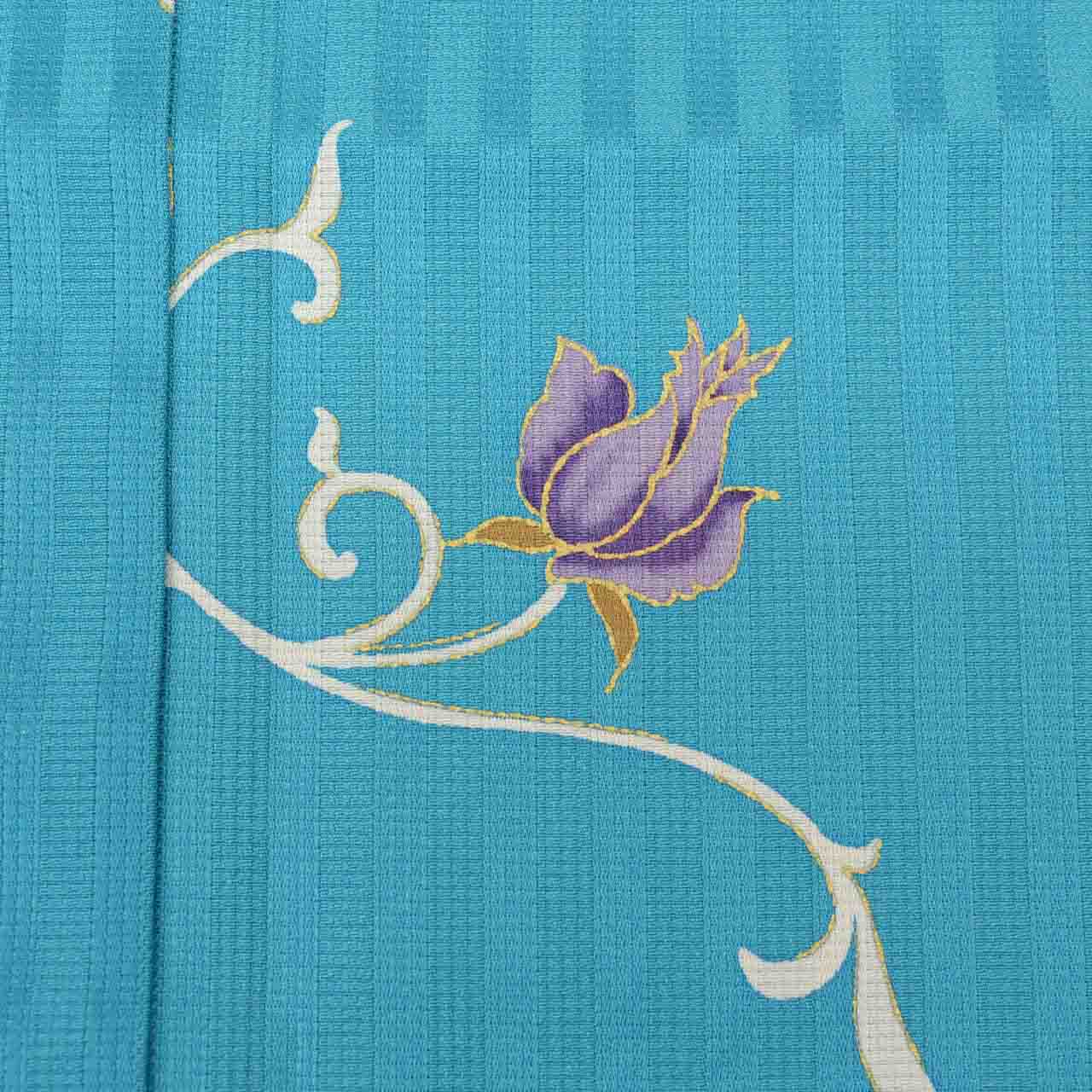 [Used] Recycled Kimono, Komon style, Pure Silk, Size M (Plus Size LL), Excellent Condition, Length 158.5cm (62.4in), Sleeve Length 64.7cm (25.5in), Lined, Ready-made, Gold embroidery, Blue floral arabesque pattern, uu1537b 