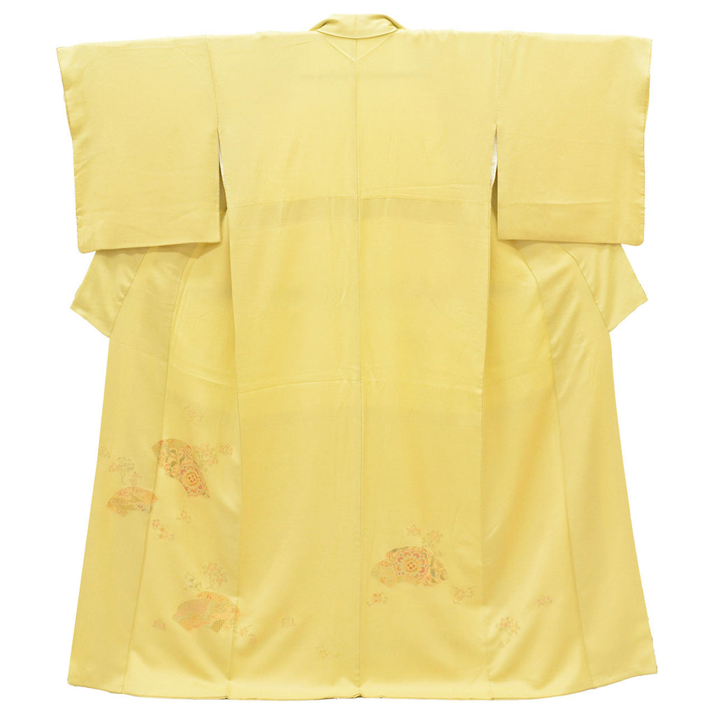 Vintage Japanese Kimono | Tsukesage | Green Silk | Fan Paper Floral | Swatow Embroidery | Size M-L | Sustainable | uu1546b