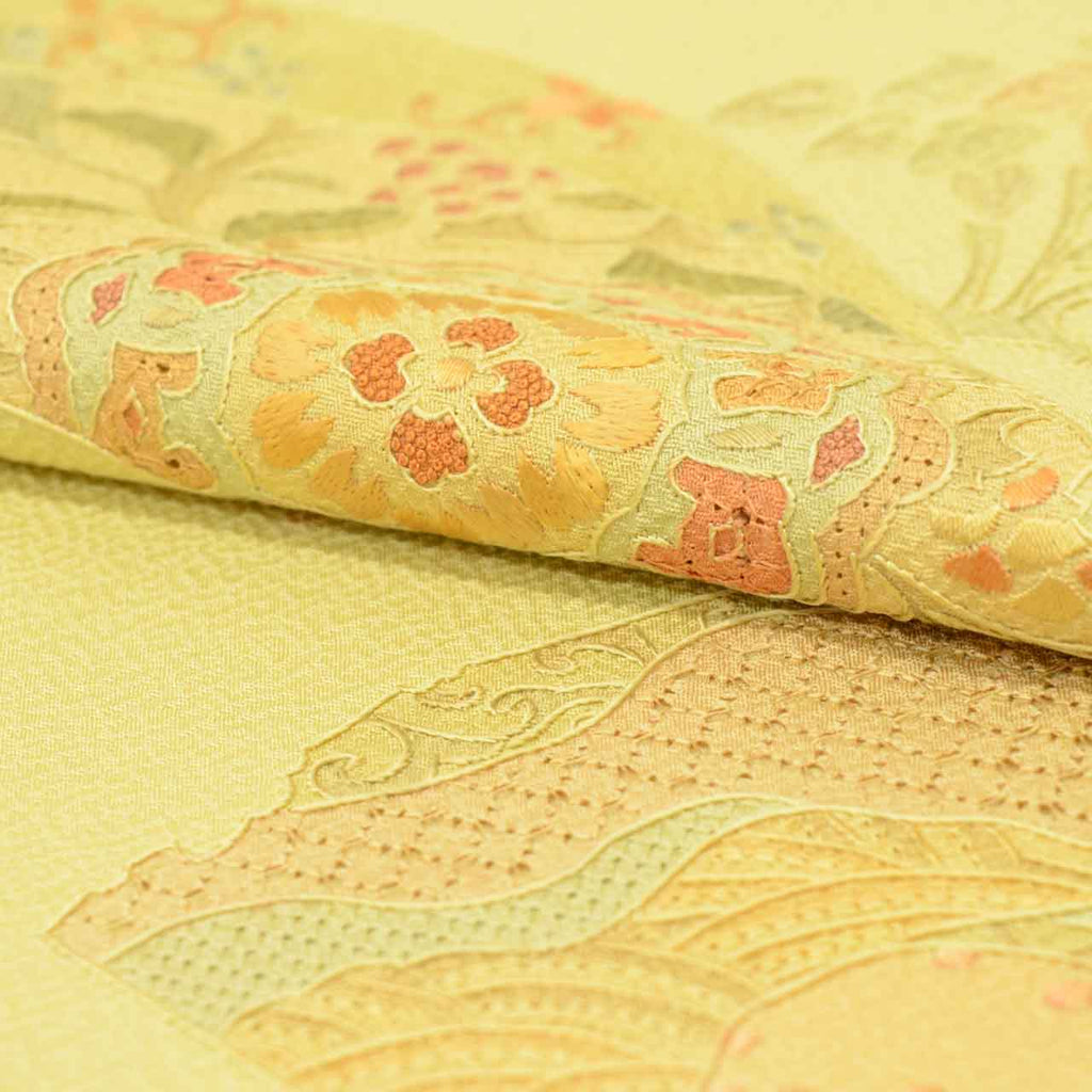 Vintage Japanese Kimono | Tsukesage | Green Silk | Fan Paper Floral | Swatow Embroidery | Size M-L | Sustainable | uu1546b
