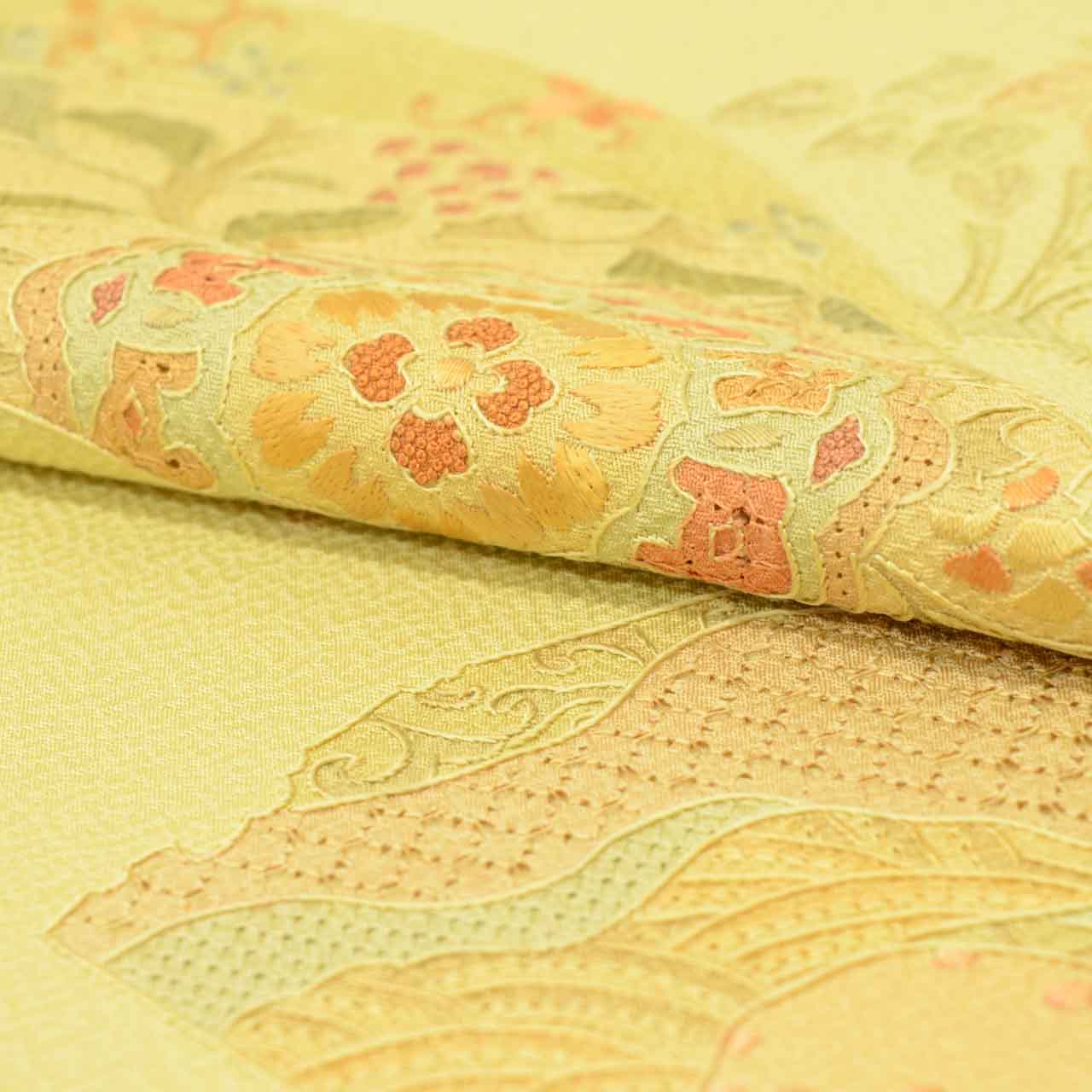Vintage Japanese Kimono | Tsukesage | Green Silk | Fan Paper Floral | Swatow Embroidery | Size M-L | Sustainable | uu1546b