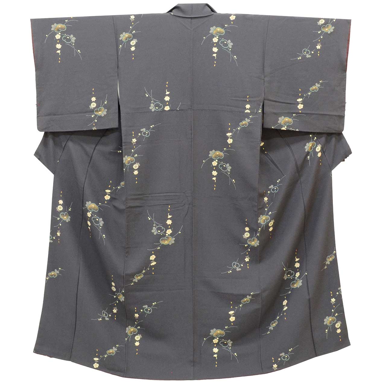 [Used] Recycled Kimono, Komon style, Pure Silk, Size S, Excellent Condition, Length 153.0cm (60.2in), Sleeve Length 65.5cm (25.8in), Lined, Ready-made, Crepe fabric, Gold embroidery, Gray floral pattern, uu1559b 