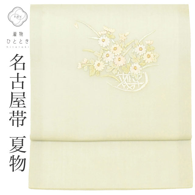【中古】 名古屋帯 夏物 夏帯 正絹 九寸 リサイクル名古屋帯 仕立て上がり 緑色系 花籠文様 紗 お太鼓柄 刺繍 uu1587b