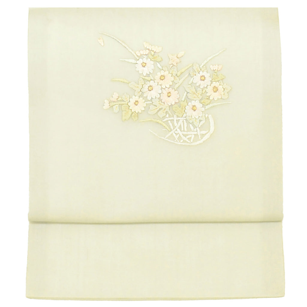 Vintage Japanese Obi | Summer Nagoya Obi | Green Silk Sha | Flower Basket | Embroidery | Sustainable | uu1587b