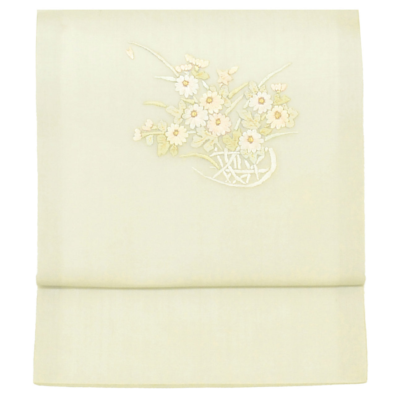 Vintage Japanese Obi | Summer Nagoya Obi | Green Silk Sha | Flower Basket | Embroidery | Sustainable | uu1587b
