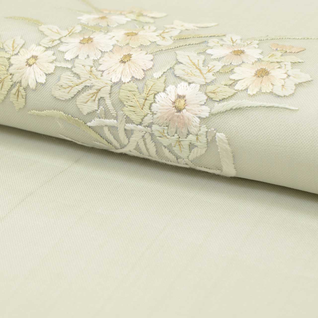Vintage Japanese Obi | Summer Nagoya Obi | Green Silk Sha | Flower Basket | Embroidery | Sustainable | uu1587b