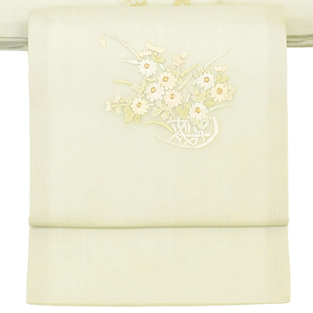 Vintage Japanese Obi | Summer Nagoya Obi | Green Silk Sha | Flower Basket | Embroidery | Sustainable | uu1587b