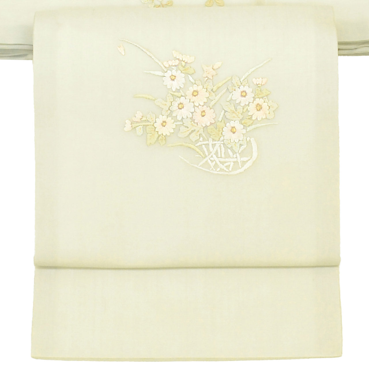 Vintage Japanese Obi | Summer Nagoya Obi | Green Silk Sha | Flower Basket | Embroidery | Sustainable | uu1587b